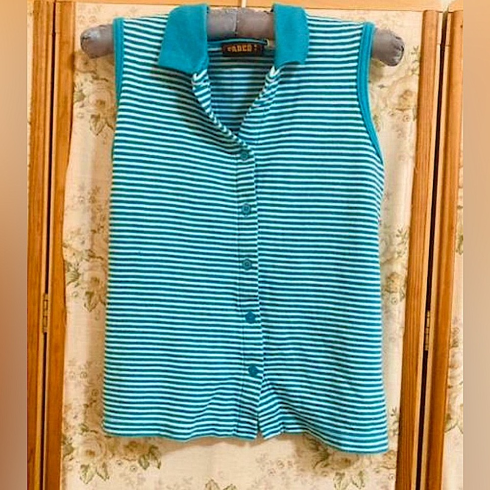 Vintage 90s/Y2K Blue and White Striped Collared Tank Top